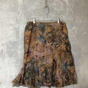 Y2K COLDWATER CREEK 100% Silk Brown Floral Midi Skirt L Romantic Fall Fairy